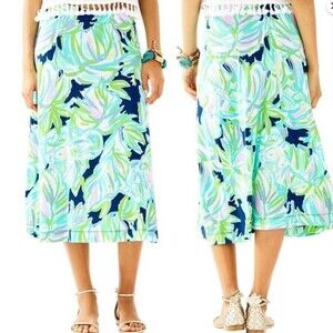 NWT Lilly Pulitzer Shia Skirt Resort Navy Uptown Trunk Palm Print Midi XS